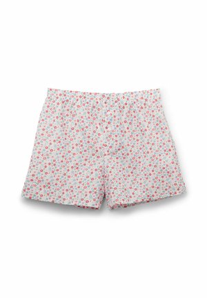 Květinové boxerky s lehkým, měkkým materiálem. Jsou na bílém podkladu s malými růžovými a modrými květy a mají elastický pas.