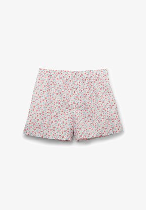 Blumenmustern Boxershorts aus leichtem, weichem Stoff. Mit weißem Grund und kleinen rosa und blauen Blumen sowie einem elastischen Bund.