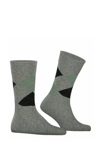 Calze in cotone grigio con un motivo argyle in verde, nero e giallo. Lunghezza a metà polpaccio con una finitura a maglia testurizzata.