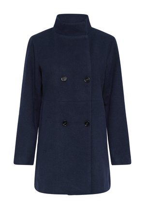 Marineblauer, doppelt gefütterter Mantel mit Stehkragen, aus einem strukturierten Stoff gefertigt. Verfügt über zwei schwarze Knöpfe und seitliche Taschen.