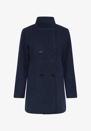 Granatowy, podwójnie zapinany płaszcz z stójką, wykonany z teksturowanej tkaniny. Posiada dwa czarne guziki i boczne kieszenie.