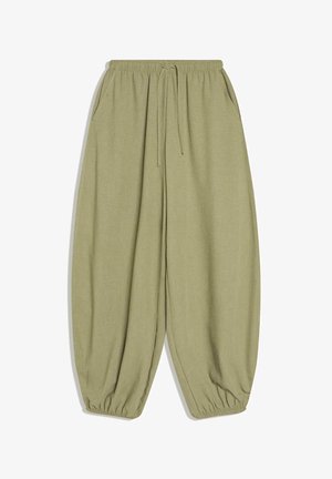 Oljčno zelene ohlapne hlače z elastičnim pasom, zavezovanjem, stranskimi žepi in elastičnimi manšetami ob gležnjih.