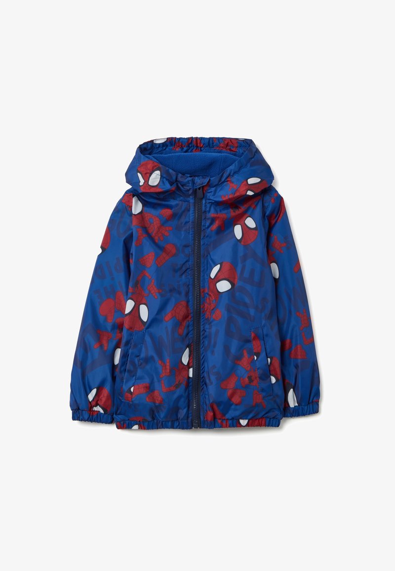 Chaqueta ligera azul con estampado de Spider-Man, que cuenta con capucha, cierre frontal y puños y dobladillo elasticados. El patrón incluye acentos rojos y texto.