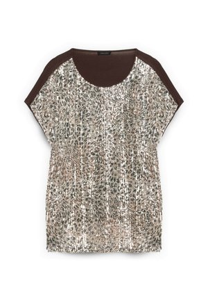 T-shirt met korte mouwen, voorzien van donkerbruine schouderaccenten en een lichaam bedekt met pailletten in zilver- en gouden tinten, met een ronde hals.