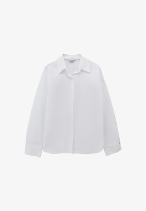 Camicia bianca a maniche lunghe con colletto a punta, chiusura frontale con bottoni e dettaglio dorato sui polsini. Tessuto liscio con una vestibilità classica e su misura.
