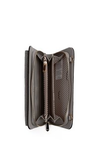 Gray leather wallet with a textured exterior, a zipper closure, multiple card slots, and polka dot patterned interior. Gold hardware accents present.