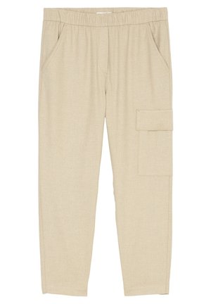 Beige casual broek met elastische tailleband, voorzakken en een klepzak op de rechterdij.
