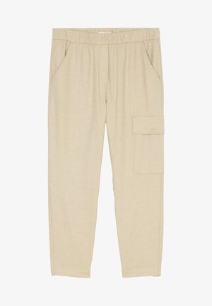 Pantalon beige décontracté avec taille élastique, poches avant latérales et une poche à rabat sur la cuisse droite.