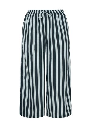 Pantaloni larghi a righe verticali blu navy e bianche, con elastico in vita e coulisse frontale, gamba larga.