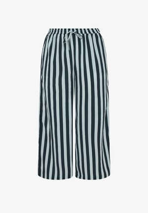 Pantalones holgados con rayas verticales en azul marino y blanco, con cintura elástica y cordón frontal, corte de pierna ancha.