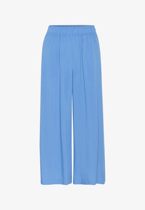 Pantalons large bleu clair en tissu doux avec une taille élastique, affichant une texture lisse et sans motifs ni détails visibles.