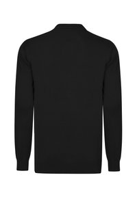 Sweater negro de manga larga con puños y dobladillo de canalé, mostrado desde atrás sobre un fondo blanco.