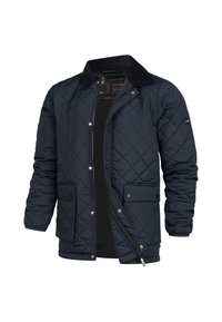 Chaqueta de algodón acolchada en color marino con cuello de pana, cierre de cremallera y bolsillos con botones a presión. Presenta una textura suave y un patrón de diamantes en toda la prenda.
