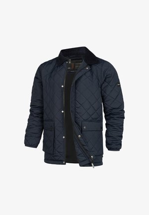 Granatowa pikowana kurtka z kołnierzem z sztruksu, zamek z przodu oraz kieszeniami na napy. Charakteryzuje się gładką teksturą i diamentowym wzorem na całej powierzchni.