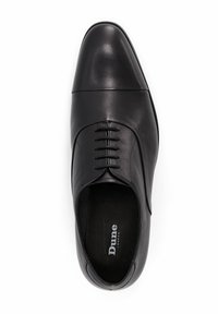 Black leather dress shoe with a pointed toe, six lace-up eyelets, smooth finish, and cushioned insole featuring "Dune London" branding.