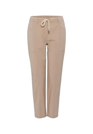 Pantaloni in misto cotone beige con vita regolabile, gamba affusolata e due tasche laterali con dettagli di cucitura frontale.
