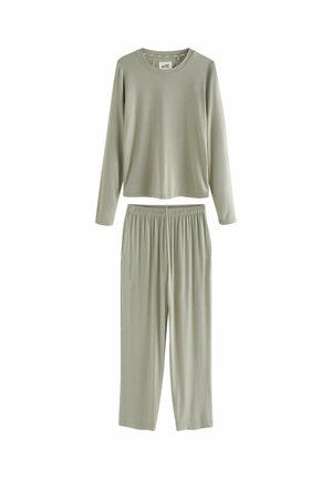 Light grey loungewear set featuring a long-sleeve top with a round neckline and matching elastic-waist pants, made from soft fabric.