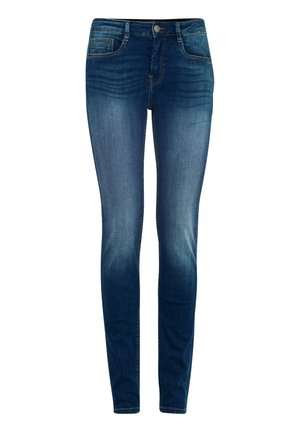 Slim Fit Jeans aus dunkelblauem Denim mit einem subtilen Wasch-Effekt, Fünf-Taschen-Design und klassischem Gürtelschlaufenbund mit Reißverschluss.