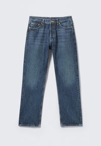 Jeans din denim de un bleumarin închis, cu croială dreaptă, design cu cinci buzunare, accesorii din alamă și ușoară decolorare pe coapse.
