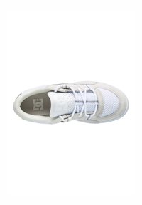 White athletic shoe with a mesh upper, suede accents, and multiple lace loops. Features a cushioned tongue and logo on the heel.