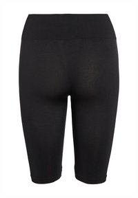 Shorts noirs extensibles avec une taille élastique haute, texture lisse et design mi-cuisse. Pas de motifs ou accents distincts.