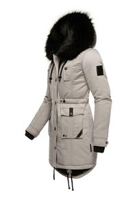 Light gray insulated parka with a detachable black fur hood, multiple pockets, adjustable drawstring waist, and ribbed cuffs.