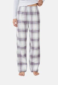 Geruite flanellen pyjamabroek met een wit, paars en lichtblauw patroon, voorzien van een elastische tailleband en een losse pasvorm.
