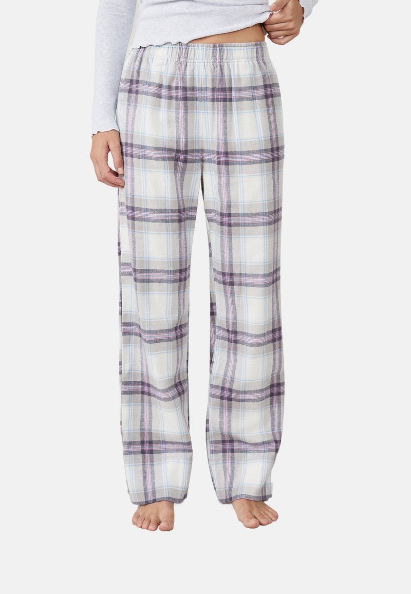 Geruite flanellen pyjamabroek met een wit, paars en lichtblauw patroon, voorzien van een elastische tailleband en een losse pasvorm.