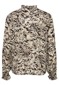 Blusa a maniche lunghe in tessuto leggero, con un motivo astratto bianco e nero, colletto finto a rouches e polsini arricciati.