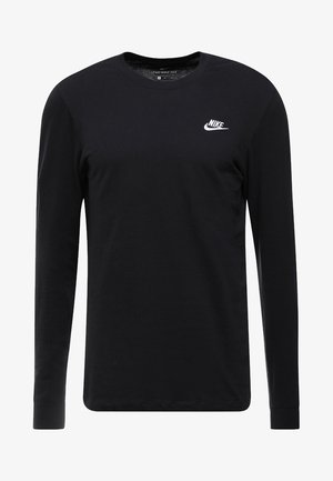 Čierne tričko s dlhým rukávom vyrobené z bavlny, s okrúhlym výstrihom, rebrovanými manžetami a malým bielym logom Nike na hrudi.