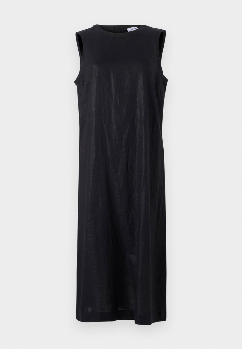 Ärmelloses schwarzes Midikleid mit rundem Halsausschnitt, geradem Schnitt und subtiler Textur, dargestellt vor einem schlichten weißen Hintergrund.