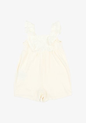 Rompertje voor baby's in roomkleur met gerimpelde schouderbandjes en een geplooide korset, gemaakt van zachte stof.