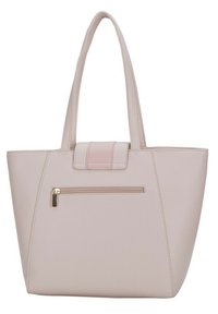 Rosa faux läder toteväska med en strukturerad form, två handtag och en dragkedjeficka på framsidan. Texturerad yta med en subtil glans.