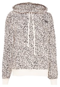 Krämfärgad huvtröja med svart abstrakt zigzag-mönster, framficka, dragsko i huvan, ribbade muddar och nederkant.