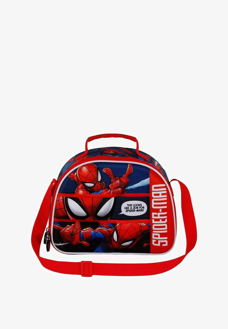 Sac à lunch sur le thème de Spider-Man, avec un extérieur rouge et bleu, fermeture zippée, poignée de transport, sangle ajustable et graphiques de style bande dessinée.