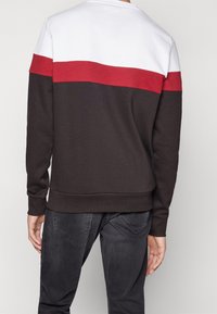 Herresweatshirt med en hvid øverste sektion, en rød vandret stribe og en mørkebrun nederste sektion; klassisk pasform med ribstrikkede manchetter og kant.