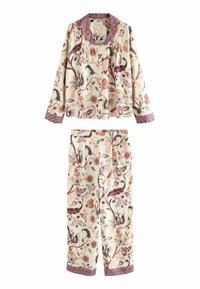 Dwuczęściowy pajama zestaw z długim rękawem w kwiatowy i liściasty wzór w kolorze purpurowym, pomarańczowym i zielonym na kremowym tle, z purpurowymi wykończeniami na kołnierzu, mankietach i brzegach.