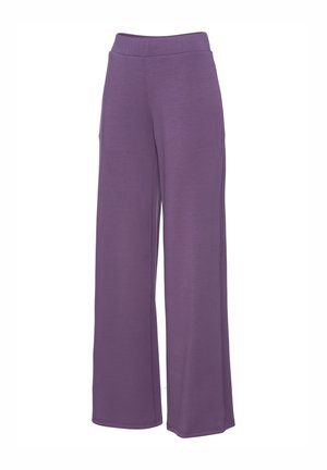 Purple wide-leg pants with a soft, textured fabric, featuring a high elastic waistband and side pockets for functionality.