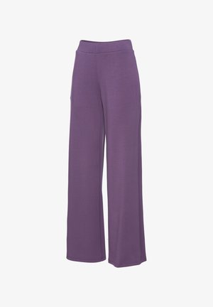 Purple wide-leg pants with a soft, textured fabric, featuring a high elastic waistband and side pockets for functionality.