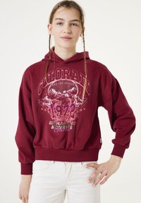 Sudadera burdeos con dobladillo y puños acanalados, que presenta una impresión gráfica de montañas y texto. Hecha de una tela suave, con un corte relajado.