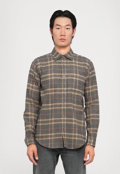 Geruite shirt in grijs, beige en roestkleur. Lange mouwen, knoopsluiting aan de voorkant en afgeronde zoom. Gemaakt van een gestructureerd materiaal.