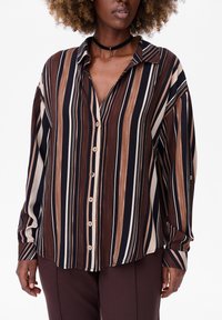 Striped blouse featuring vertical lines in brown, beige, and black. Soft fabric with a standard collar, button closure, and long sleeves.