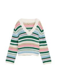 V-hals cropped sweater met horizontale strepen in groen, roze, blauw en beige, met een gestructureerde brei en opengewerkte details.