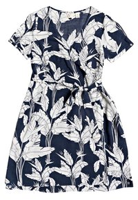 Bloemenprint wikkeljurk in marineblauw met witte bladmotieven, korte mouwen, V-hals en een ceintuur in de taille. Lichtgewicht stof met een gladde textuur.