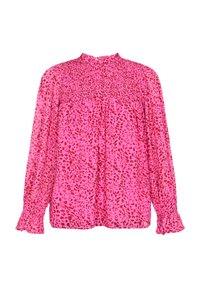 Blusa rosa con yoke arricciato, maniche lunghe con polsini arricciati e un motivo a stampa leopardata in tonalità più scure di rosa e rosso.