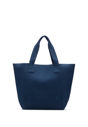 Donkerblauwe textuurtas met twee brede handvatten en reliëf "HISPANITAS"-letters aan de voorkant in het midden.