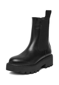 Czarne skórzane botki za kostkę z elastycznymi bocznymi panelami, okrągłym noskiem i grubą, solidną gumową podeszwą. Posiada minimalne przeszycia i pętelkę do zakupu.