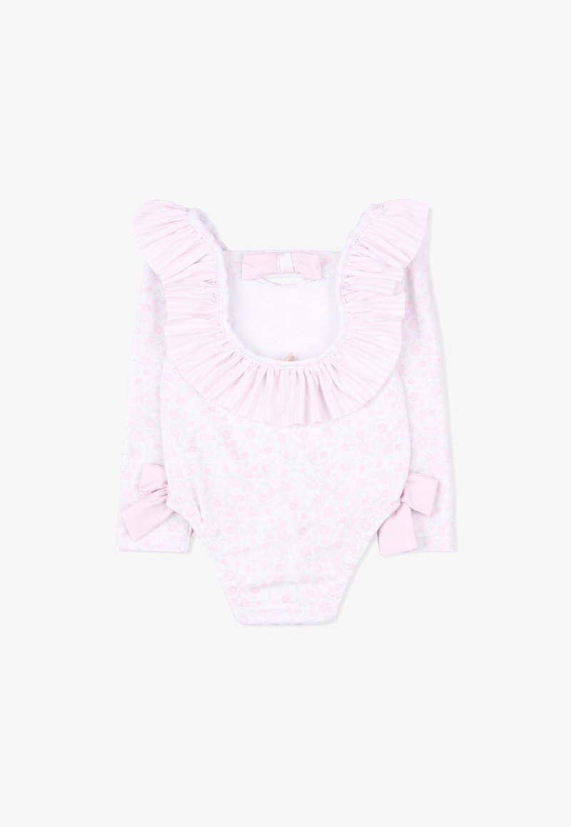 Body bébé à manches longues avec motif floral rose, grand col à volants et nœuds sur les manches et à l'arrière du cou.
