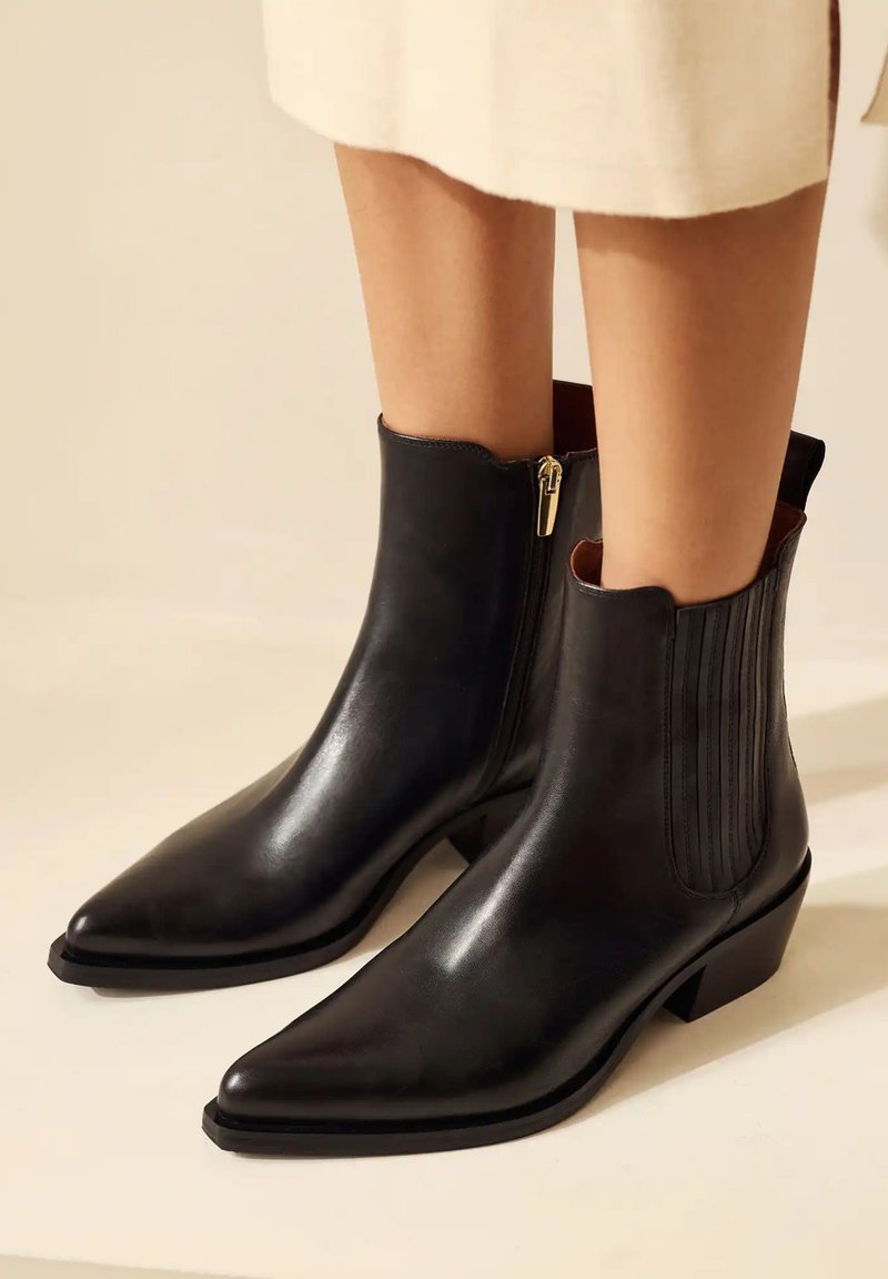 Schwarze Leder-Ankle-Boots mit spitzer Zehenpartie, seitlichem Reißverschluss und vertikaler Rippung. Niedriger Blockabsatz und glatte Oberfläche.