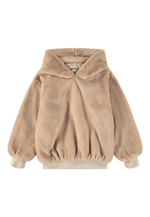 Polaire beige à capuche avec manches longues et poignets et ourlet côtelés, conçue pour la chaleur et le confort.